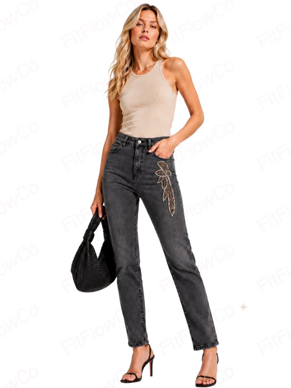 Express Super High Rise Slim Washed Black Jeans 8R Beaded Embellished Stretch